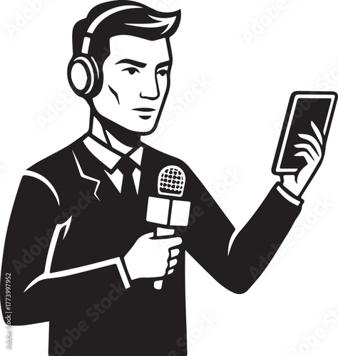 Monochrome illustration showcasing a presenter broadcasting with