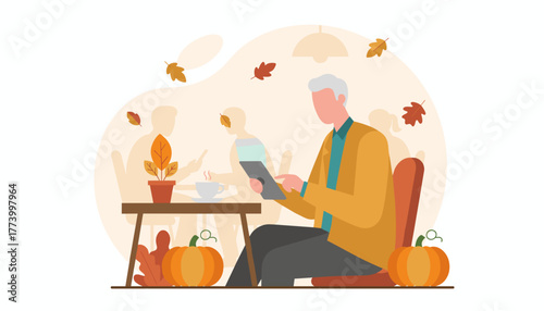 Senior man uses tablet in a cozy cafe setting decorated for autumn enjoying coffee break