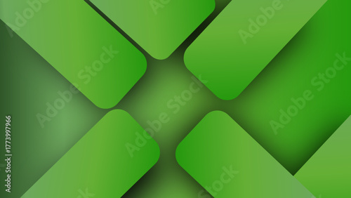 Abstract green geometric background with overlapping rounded rectangle shapes and dynamic gradients creating a modern, clean, and vibrant design