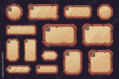 Wooden Board with Old Parchment Papers for Cartoon Adventure Game UI, Medieval Sign, Speech Bubble, Menu Frame, Panel Elements, Vector Illustration, and Game Design Assets