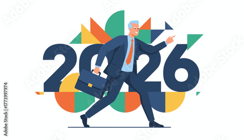 Confident businessman walking toward 2026 success pointing forward with determination