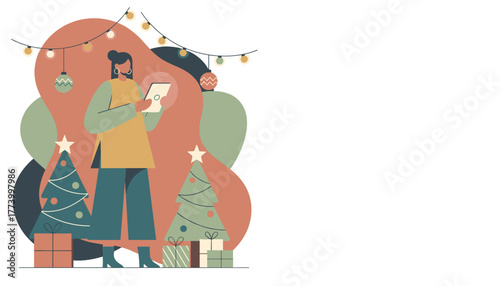 Woman uses a digital tablet for holiday shopping or greetings among Christmas trees and gifts