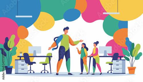 Creative collaboration in a vibrant abstract office setting with diverse team members