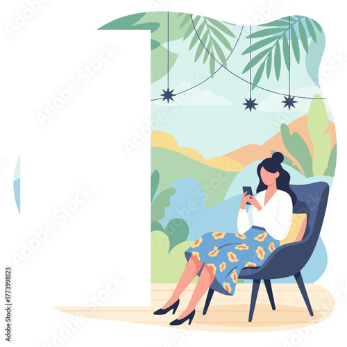 Woman uses phone in a modern outdoor lounge setting enjoying leisure time surrounded by nature