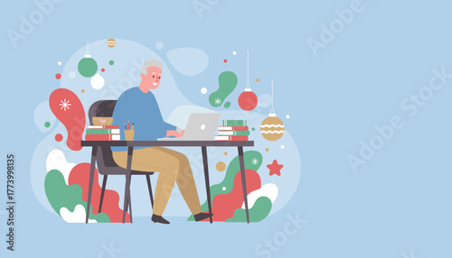 Senior man works on laptop at a desk decorated for Christmas illustrating holiday productivity