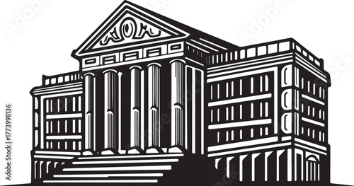 Monochrome illustration depicting classical architecture, featur