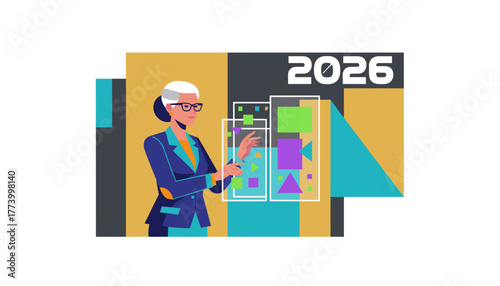 Senior businesswoman analyzing data projection for the year 2026 Futuristic vector illustration