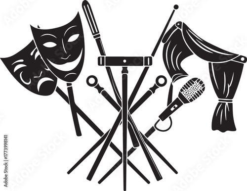 Silhouette of theatrical tools, including masks, microphone and