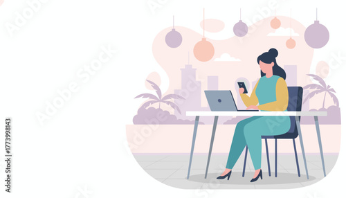 Digital nomad working on laptop and smartphone in a tropical setting