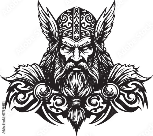 Intricate linework depicts a majestic Norse deity, evoking ancie