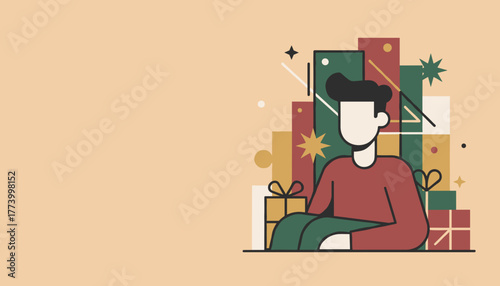Stylized man surrounded by gifts Minimalist holiday illustration with copy space