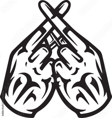 Stylized crossed fingers icon with tribal tattoo art elements fo