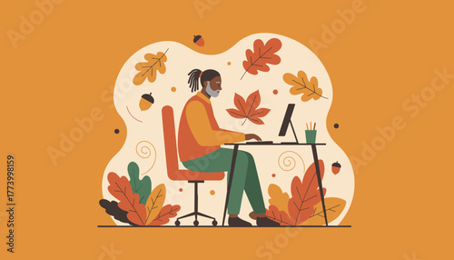 Professional Black man working on computer in autumnal home office environment Remote work graphic