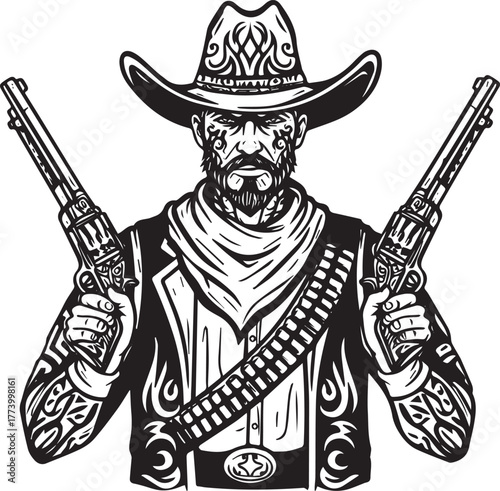 Monochrome depiction of a Wild West figure, exuding boldness and
