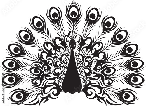 Stylized depiction of a peacock with ornate feather designs agai