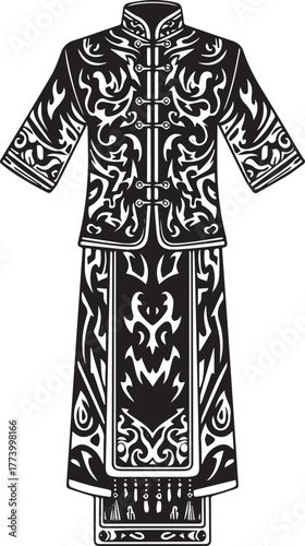 Ornate vector illustration of a traditional Chinese wedding dres