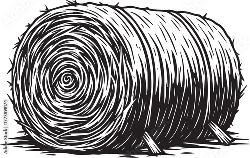 Monochrome etched illustration depicting a round hay bale in a r