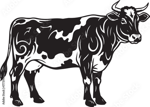 Stylized Dairy Cow Illustration with Intricate Tribal Tattoo Des