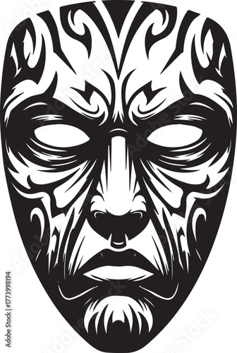 Stylized tribal mask illustration with geometric patterns and bo