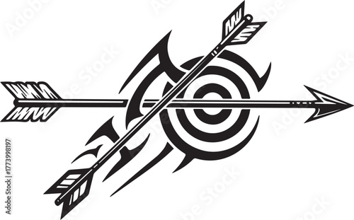 Dynamic tribal art depicting arrows intersecting a target, showc