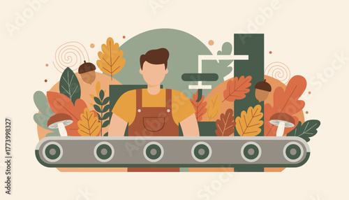 Seasonal production worker next to a conveyor belt with decorative fall foliage