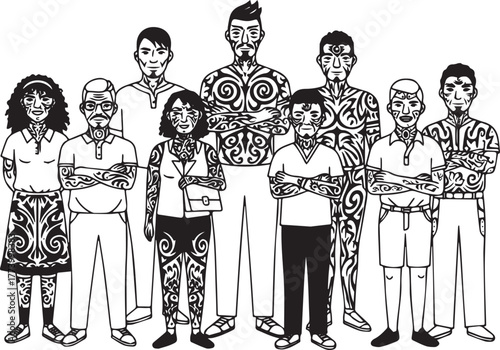 Illustrative diverse team showcasing tribal inspired artistic bo