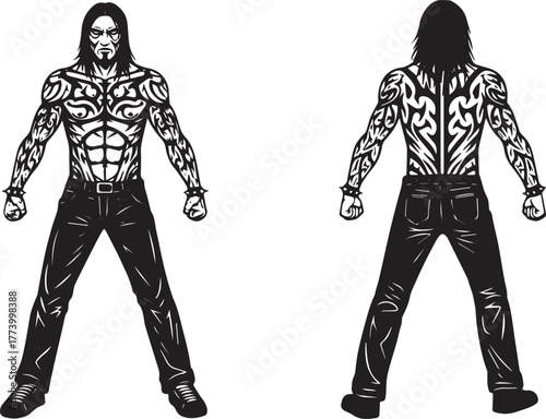 Abstract Silhouette of a Muscular Figure with Tribal Tattoos on