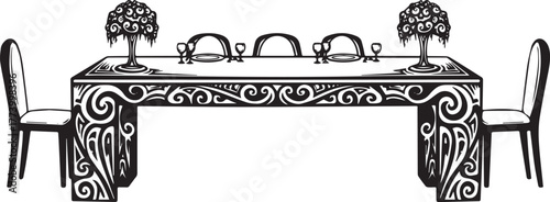 Intricate Black and White Illustration of a Formal Dining Table