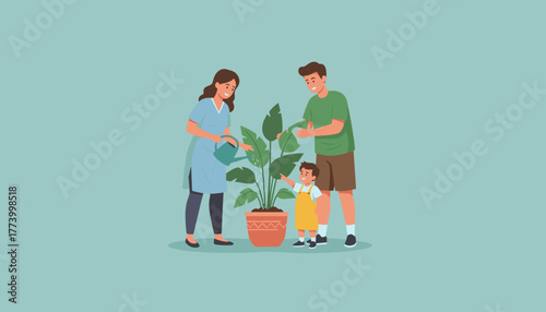 Parents and child caring for a potted plant Family life home and growth illustration