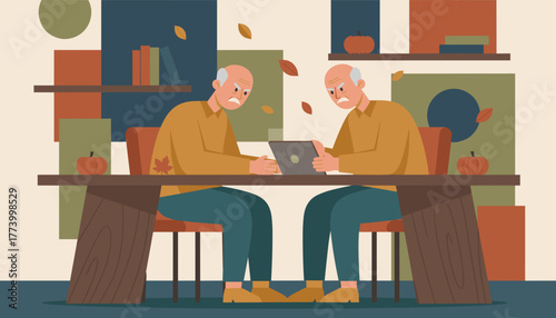 Frustrated elderly men arguing over a tablet symbolizing digital difficulty or dispute