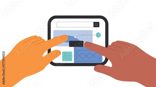 Hands using a tablet for web design flat vector illustration of user interface development isolated on white background