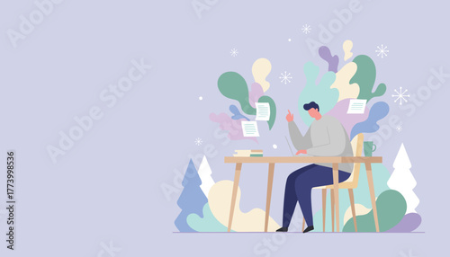 Creative man working remotely on laptop productivity and idea generation illustration