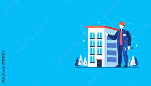 Technician with wrench pointing at residential building Property maintenance services illustration