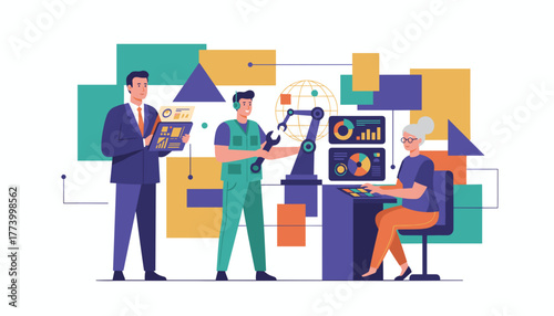 Team manages robotic automation and industrial data analysis in modern factory setting