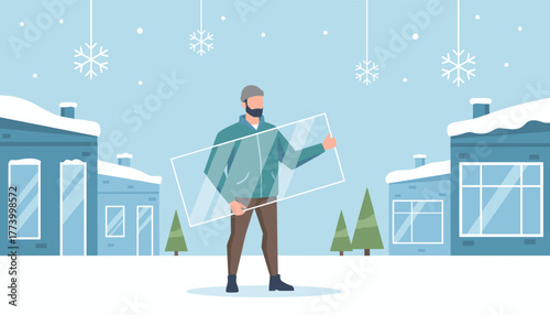 Man holding window glass for installation outside snowcovered houses Energy saving illustration
