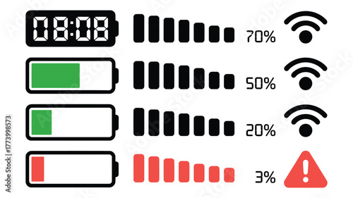 Set of battery and wifi signal icons vector illustration of connection status indicators isolated on white background for app and web design