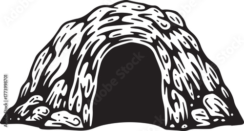 Stylized monochrome illustration of a prehistoric cave entrance