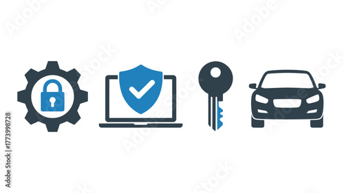 Car security icon set featuring a lock laptop key and car vector illustration for automotive and technology concepts