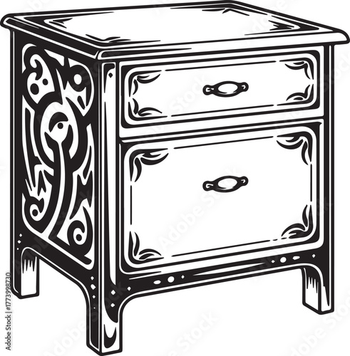 Stylized bedside table illustration with tribal tattoos and draw