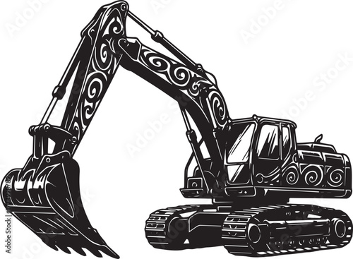 Intricate inked illustration of a dragline excavator with tribal