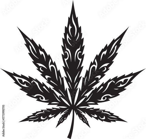 Intricate Black and White Tribal Cannabis Leaf Vector Graphic Ar
