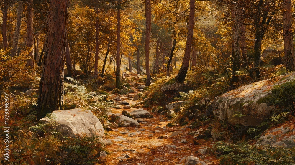 Naklejka premium Pathway winds through sun-dappled forest; golden foliage & large rocks lead the eye forward