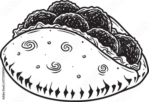 Stylized monochrome vector illustration of a pita bread filled w