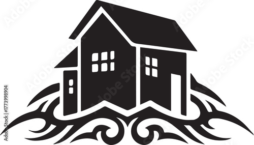 Stylized dwelling with tribal accent conveying real estate repre