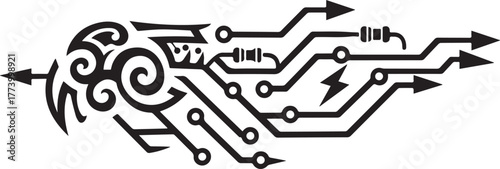 Abstract tribal electric circuit design showcasing fusion of tec