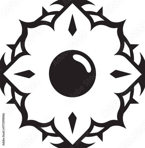 Abstract monochrome geometric floral with circle center and spik