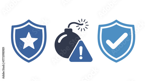 Set of security icons shield with star and check mark bomb with warning sign vector design elements for protection and threat concepts isolated on white background