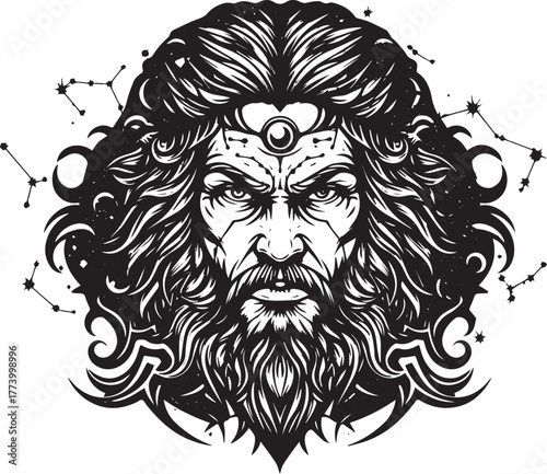Mystical Astrologer Icon with Tribal Tattoo Artistry - Vector Il