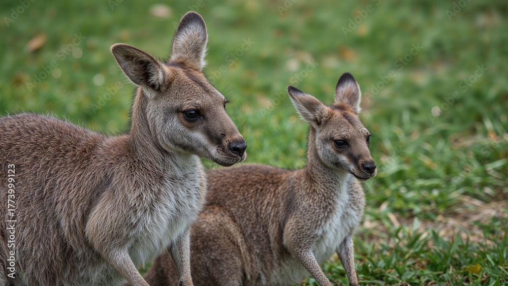 Fototapeta premium Two young kangaroos in a grassy field.