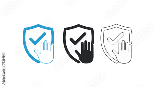 Set of security shield icons with hand flat vector illustration for protection and privacy isolated on white background